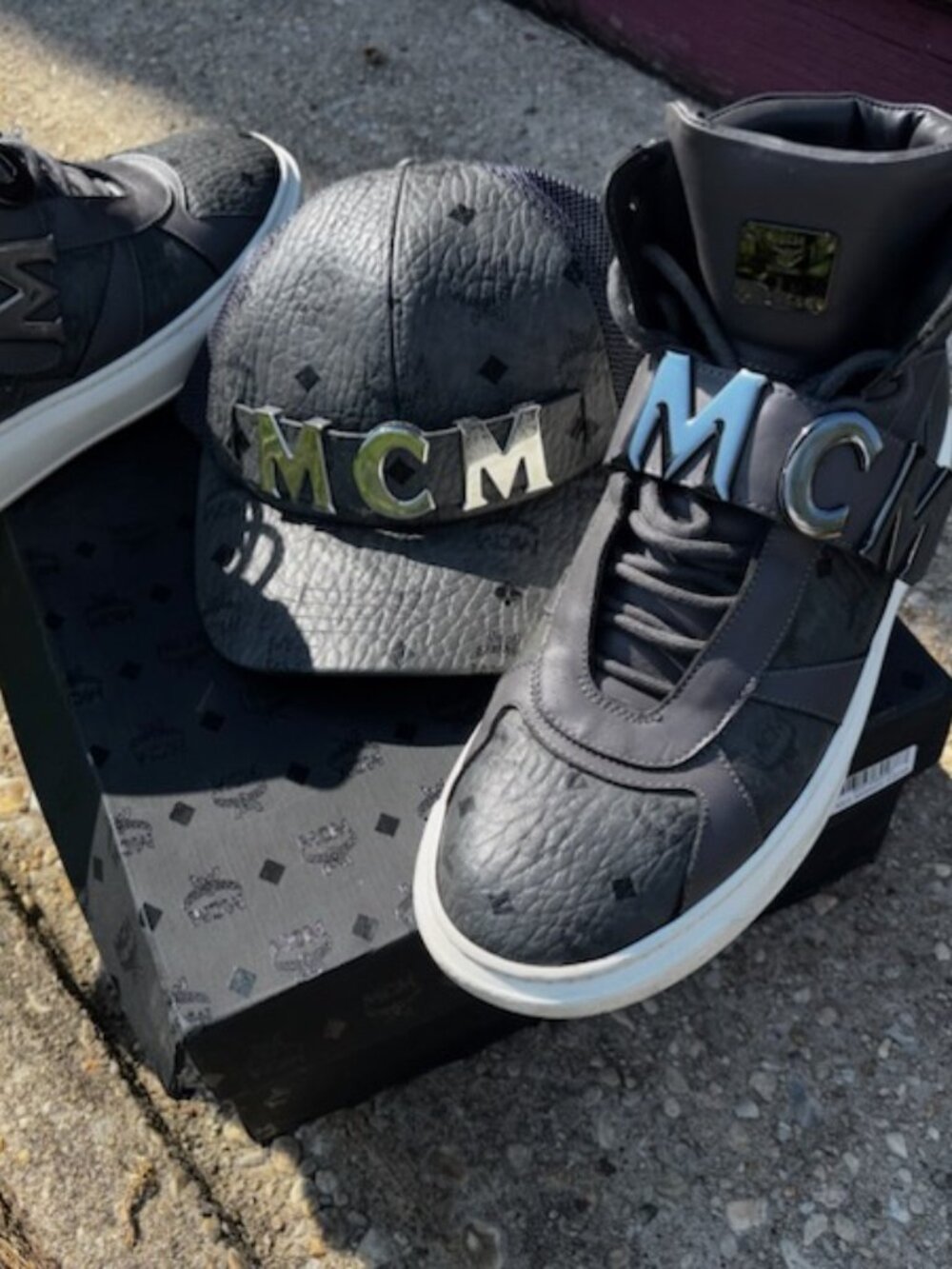 MCM Visetos High Top Sneakers & Matching MCM Chrome Logo Hat Set – Size 43/US 10